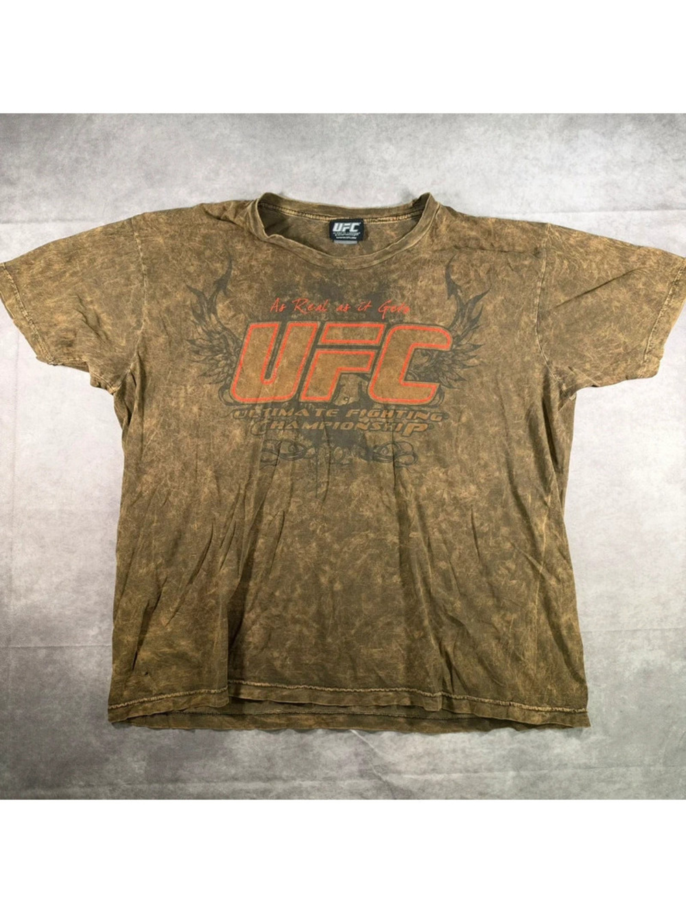 Vintage UFC As Real As It Gets Acid Wash T-Shirt Olive Brown Mens Size XL